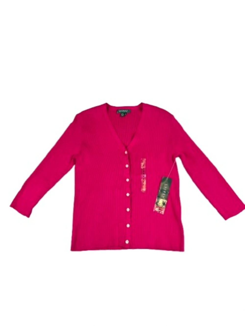 NWT SZ M Ralph Lauren Hot Pink Women's V-Neck Ribbed Sweater Button Cardigan